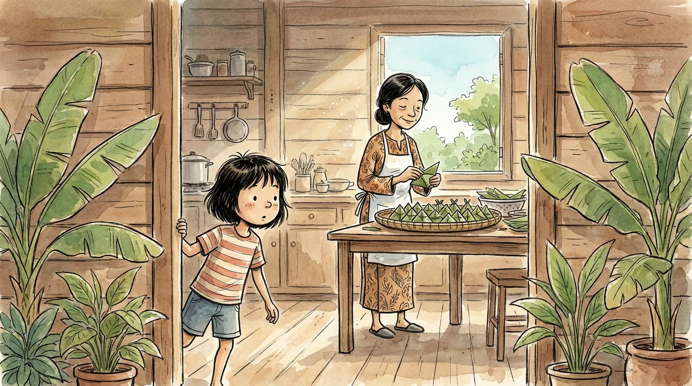 Mak in the kitchen folding a big tray of kuih while thiae watches from the doorway