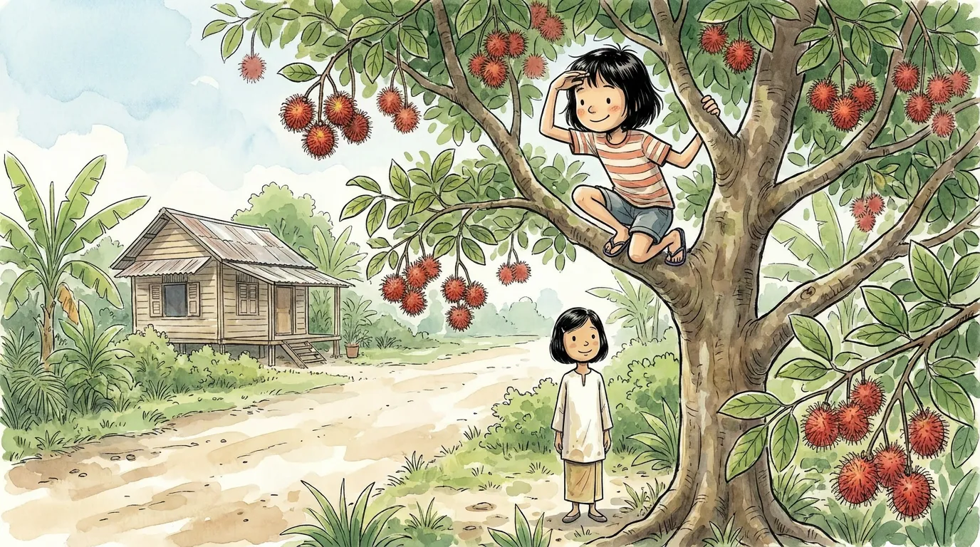 thiae up the rambutan tree as lookout scanning the road while Hana stands stiffly below