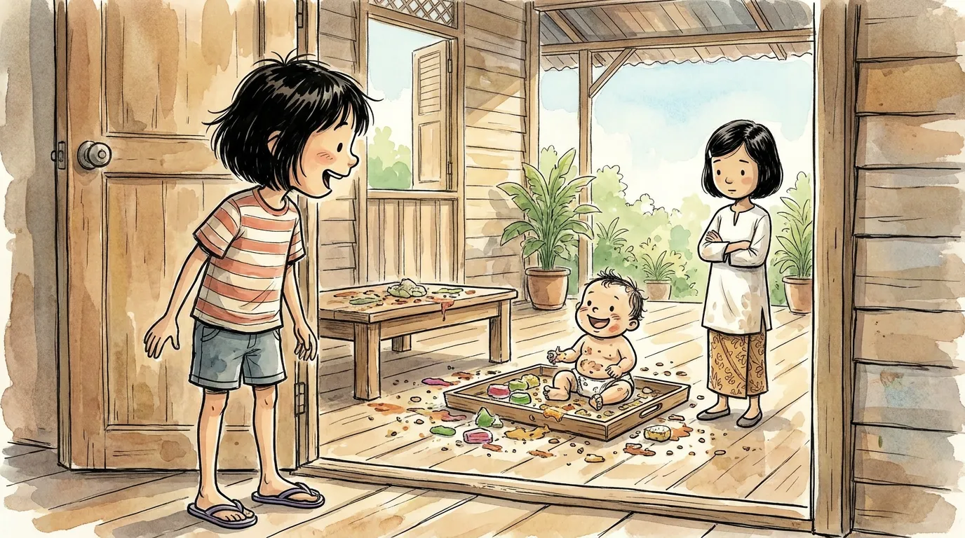 the baby sitting face-down in wrecked kuih on the floor while thiae and Hana stare