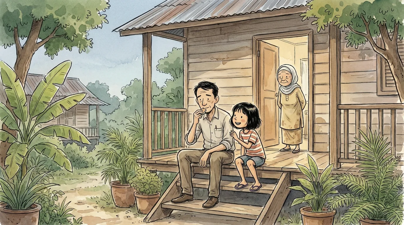 tired Ayah eating the one cold piece of kuih on the porch step beside thiae as Nenek watches from the doorway