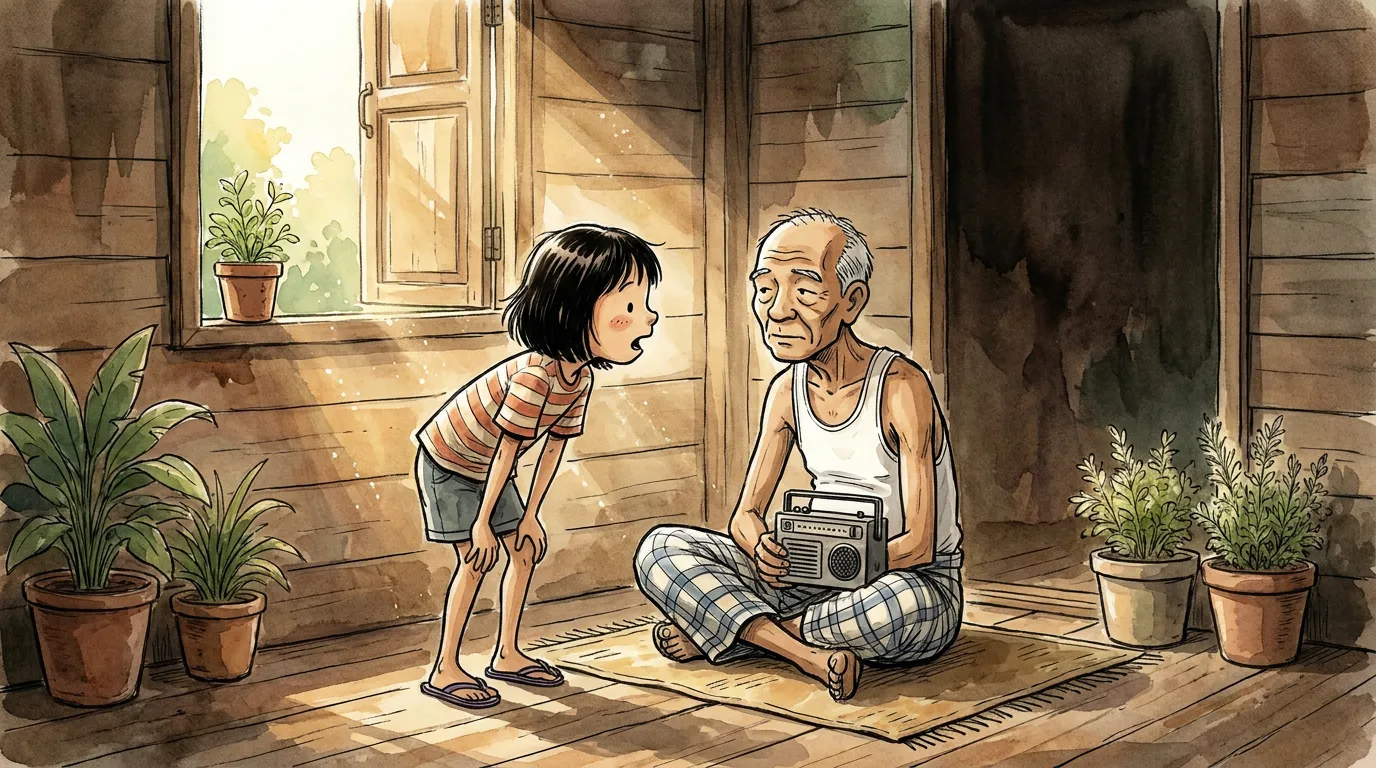 thiae questioning Atok in his corner as he listens only to his transistor radio