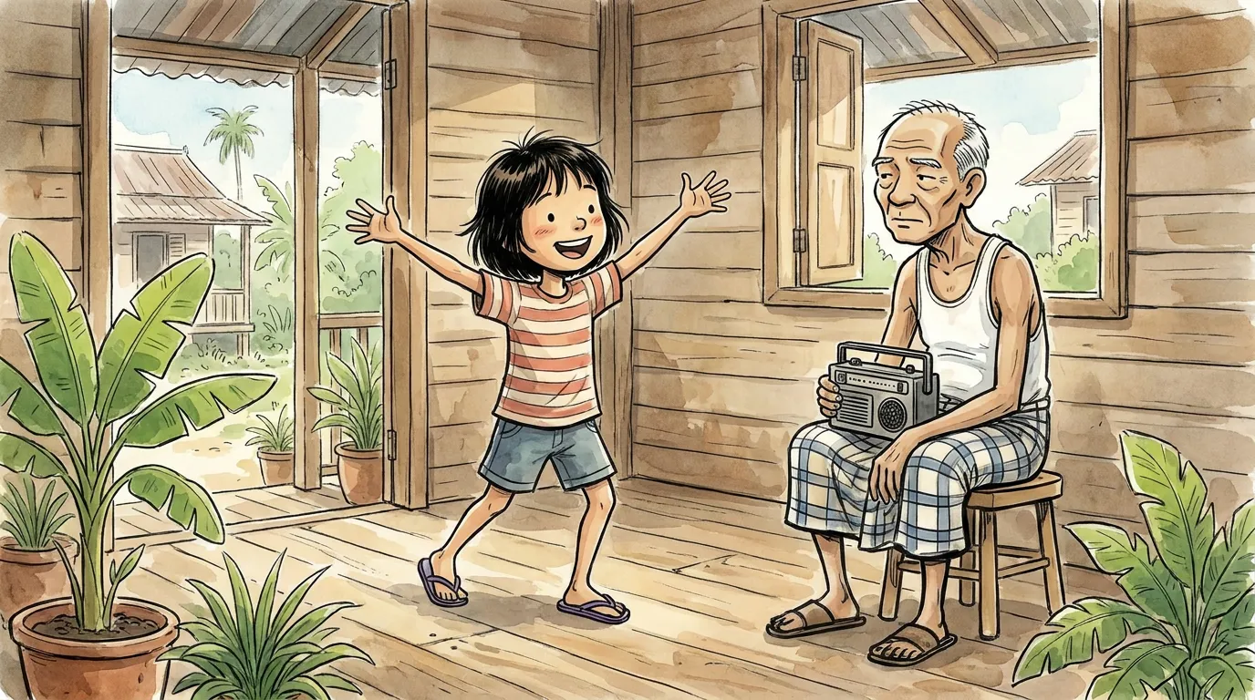 thiae acting out the motorbike duck plan to a deadpan Atok holding his radio