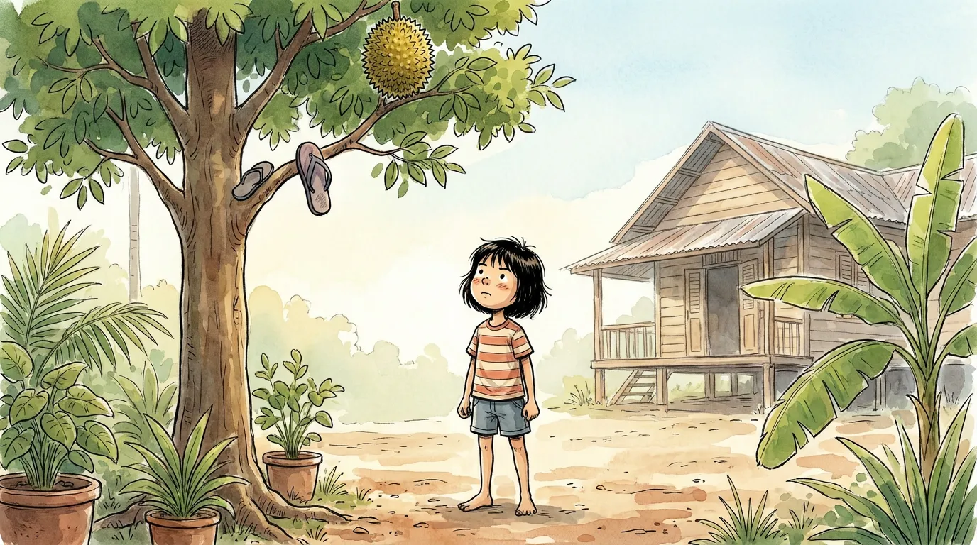 thiae barefoot under the durian tree, both slippers stuck high in the leaves