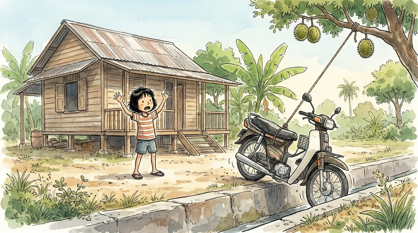 thiae frozen as Atok's motorbike tips sideways into the drain on a rope