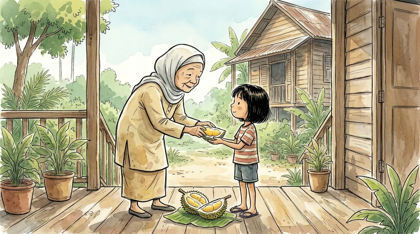 Nenek placing the first piece of durian into thiae's cupped hands at the doorway