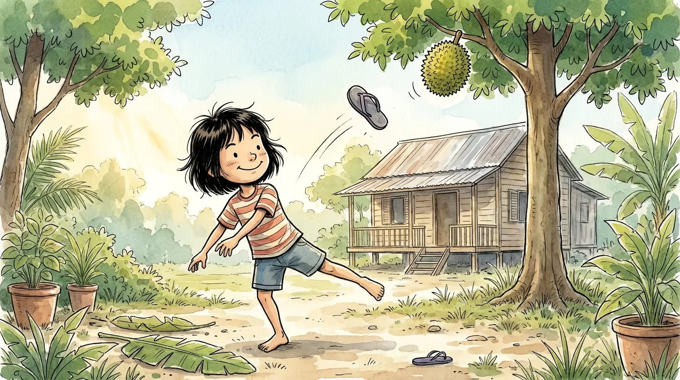 thiae hopping on one bare foot, flinging a slipper up into the durian leaves