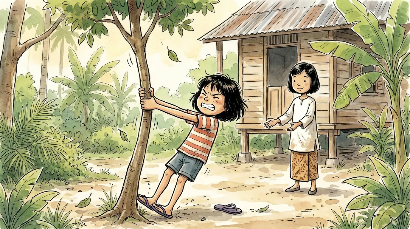 thiae shaking the durian tree with her whole body while Hana stands ready underneath to catch