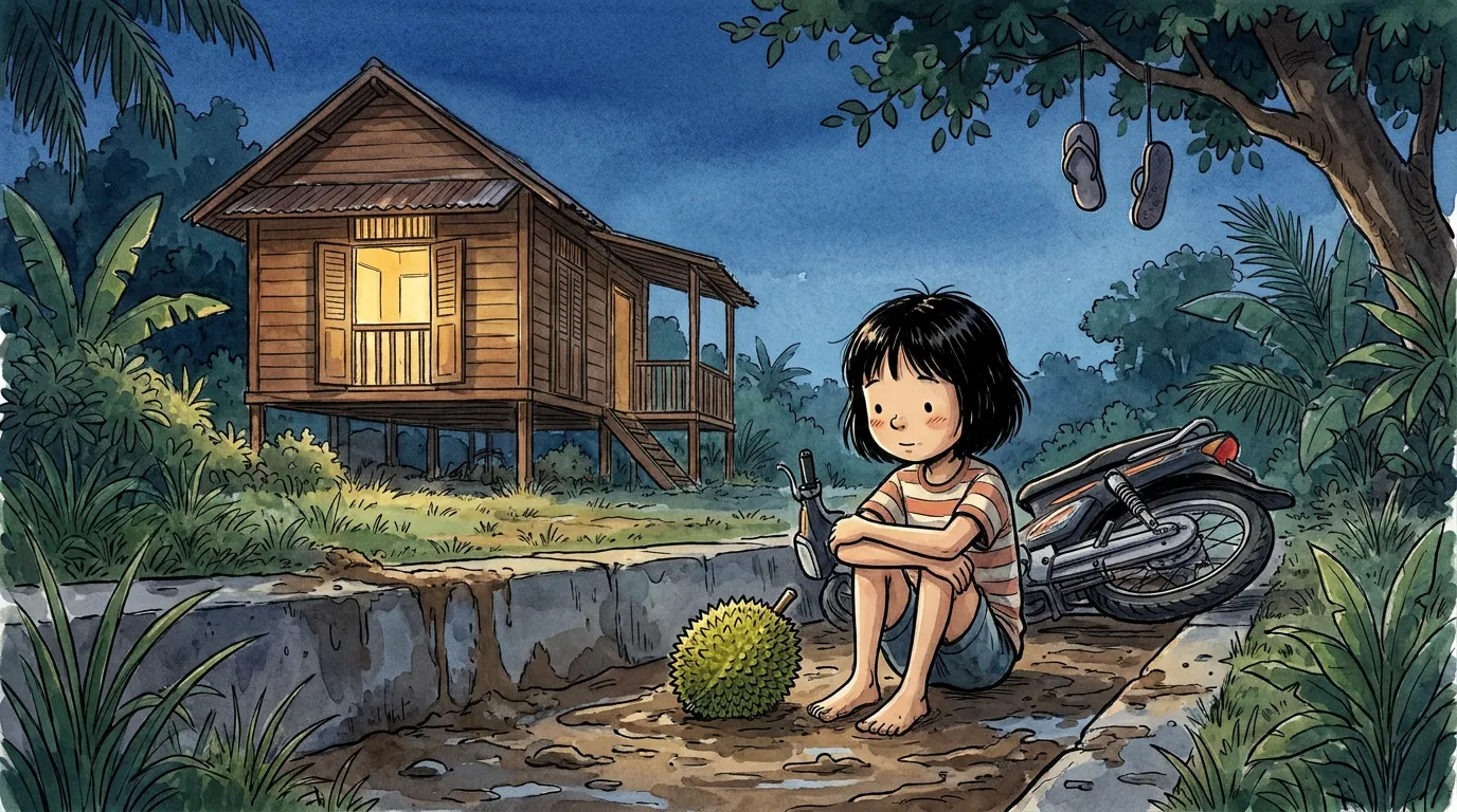 the ripe durian landing softly in the mud by thiae's foot as she sits in the drain at night