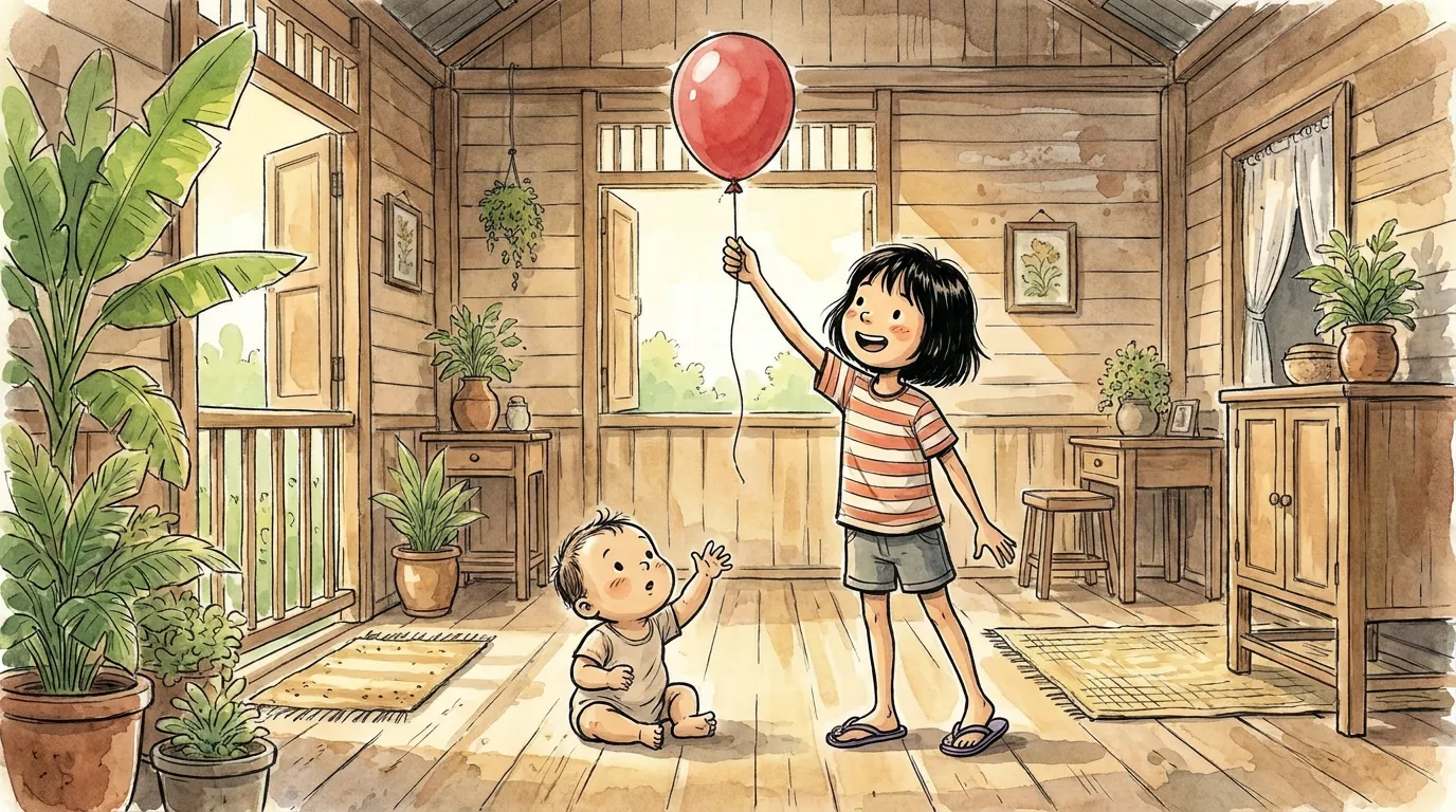 thiae holding the balloon high out of reach while the baby looks up at it from the floor