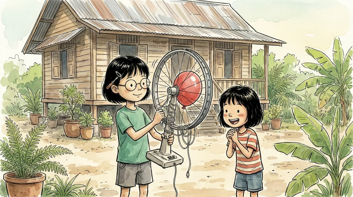 Pei Pei's machine of broken fan and bicycle wheel, the balloon turning inside it like a small red king