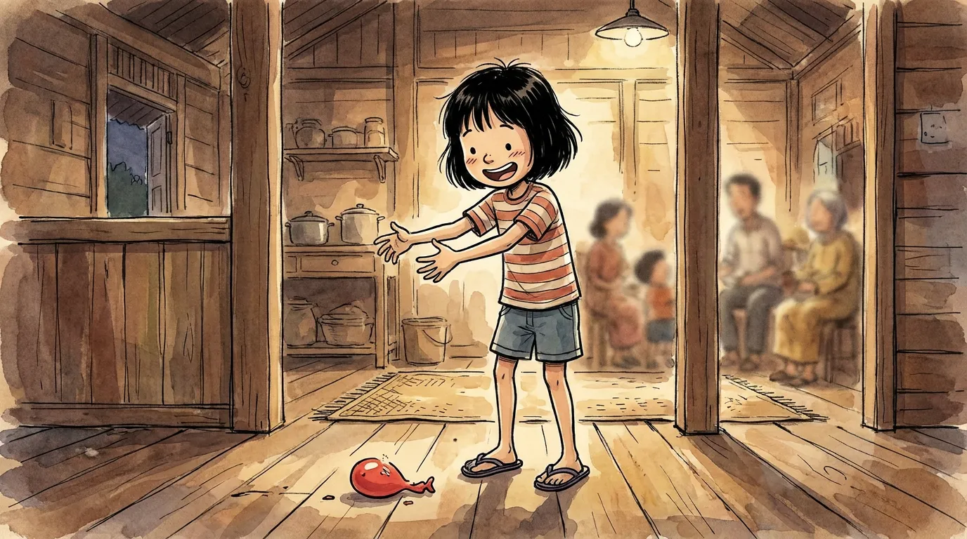 thiae's arms still hugging the air after the balloon popped, the small red scrap of it on the floor