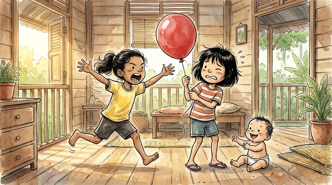 Kavi tearing around the balloon shouting, elbows out, while thiae winces and the baby watches