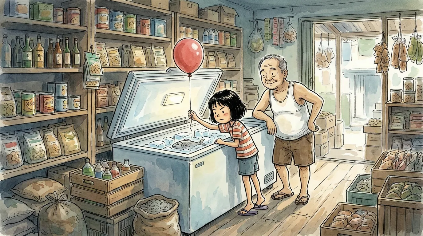 thiae tucking the red balloon into the kedai freezer beside a sad fish while Pakcik leans and watches