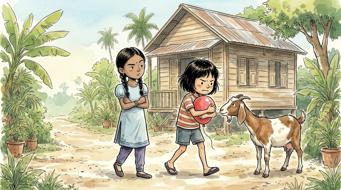 thiae shielding the balloon with her body on the dusty lane while Divya walks beside her and a goat eyes it