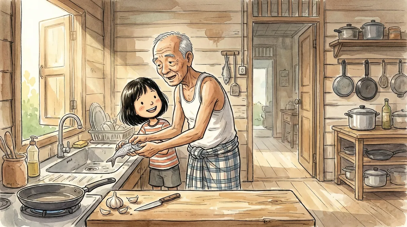 Atok and thiae cleaning the one small fish together at the kitchen sink