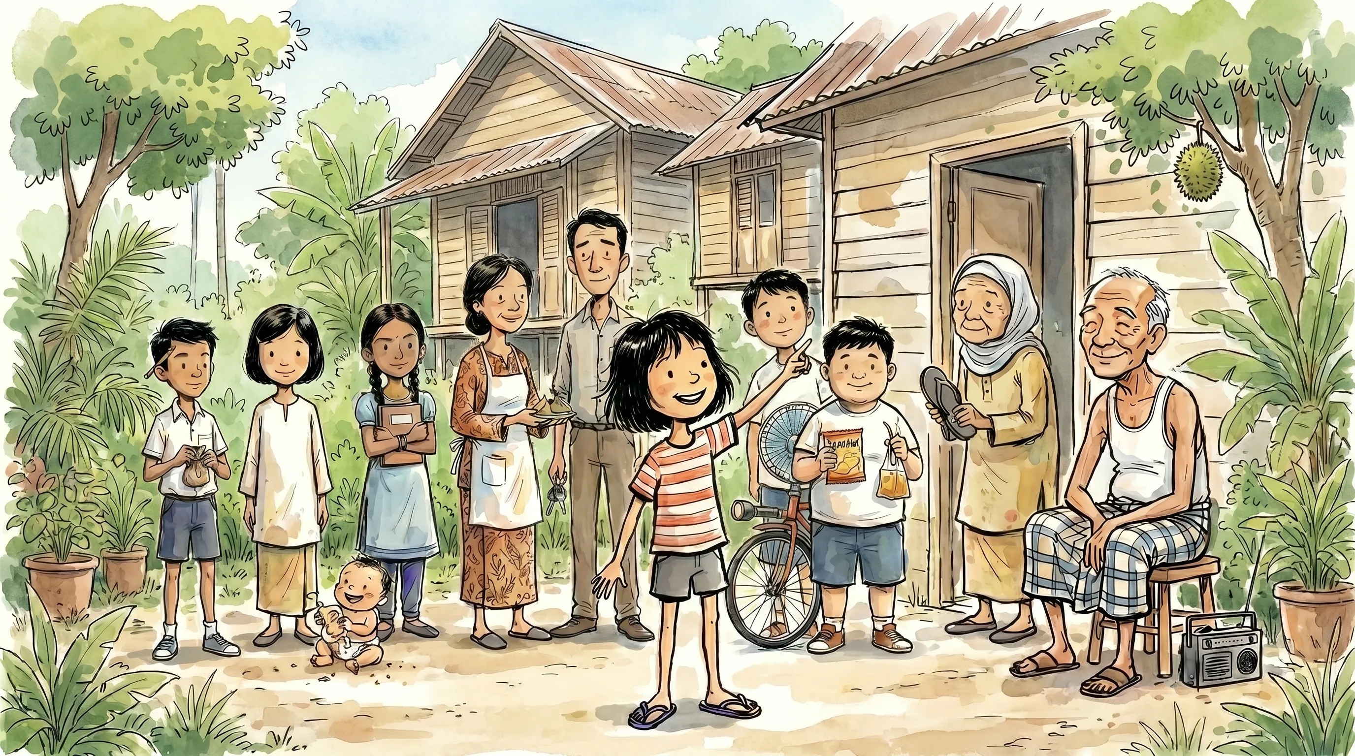 thiae with her whole family and friends outside the kampung house